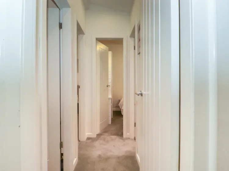 A carpeted hallway with several white doors along its sides.