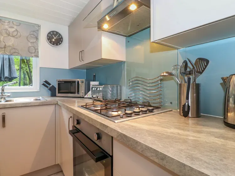 A compact kitchen with a cooktop, oven, and countertop appliances.