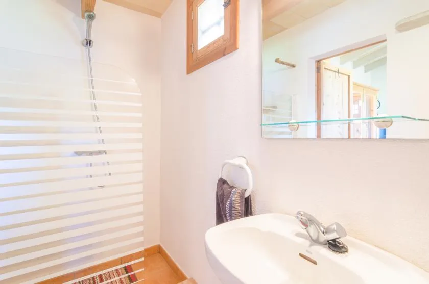 Un baño luminoso con lavabo, espejo y mampara de ducha de vidrio.