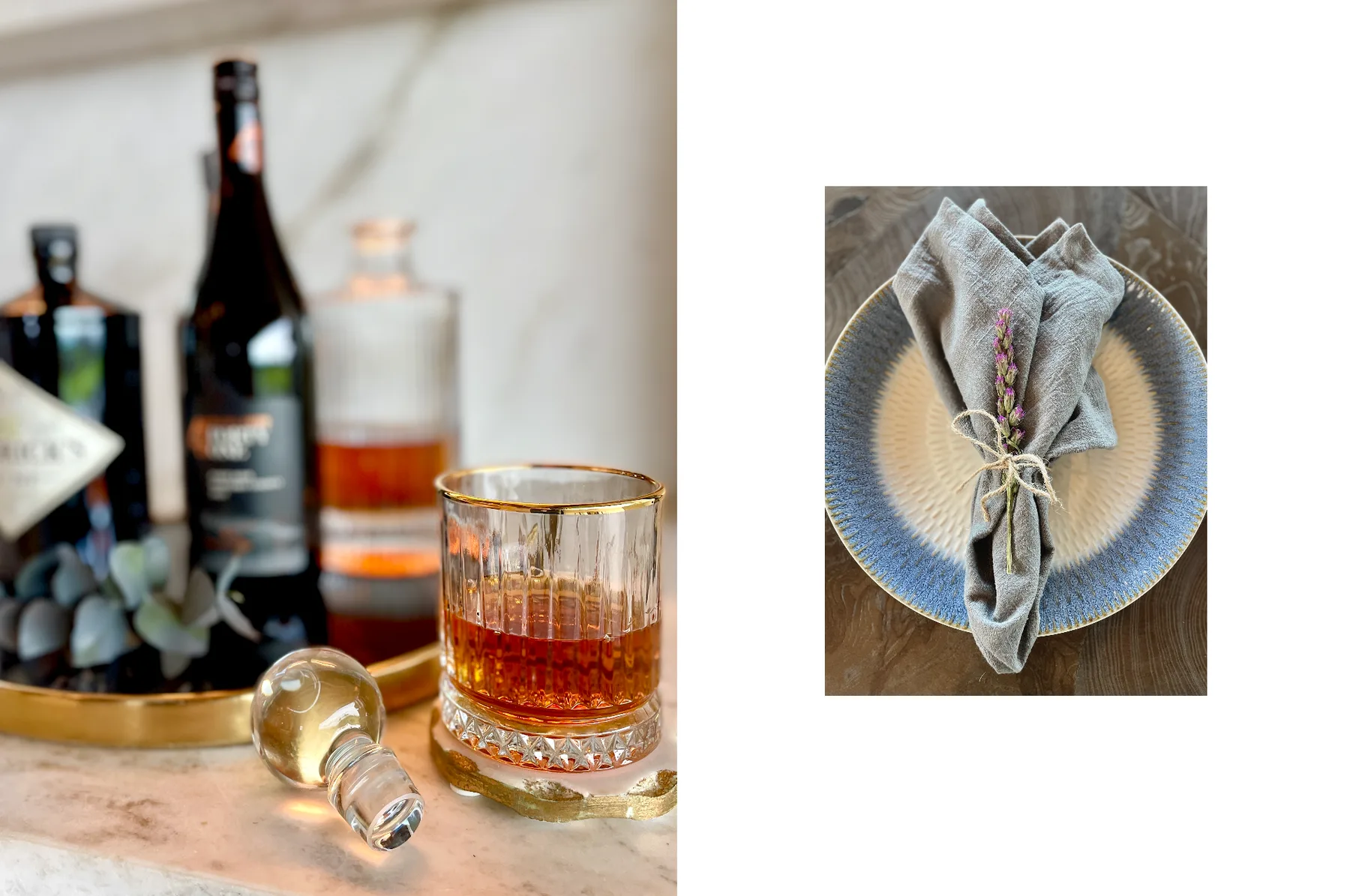 A drink and bottles sit beside a place setting with a folded napkin.