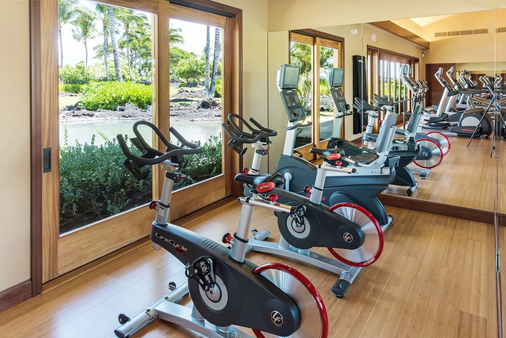 A fitness room with stationary bikes arranged beside large windows and mirrors.