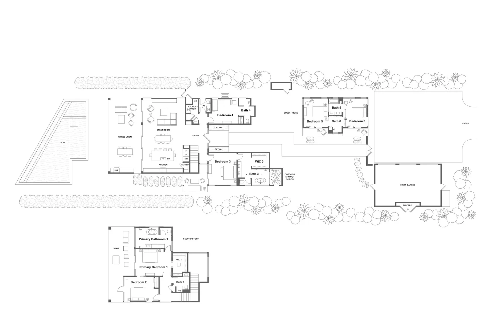 A property floor plan shows several labeled rooms, interior spaces, and surrounding landscaping.