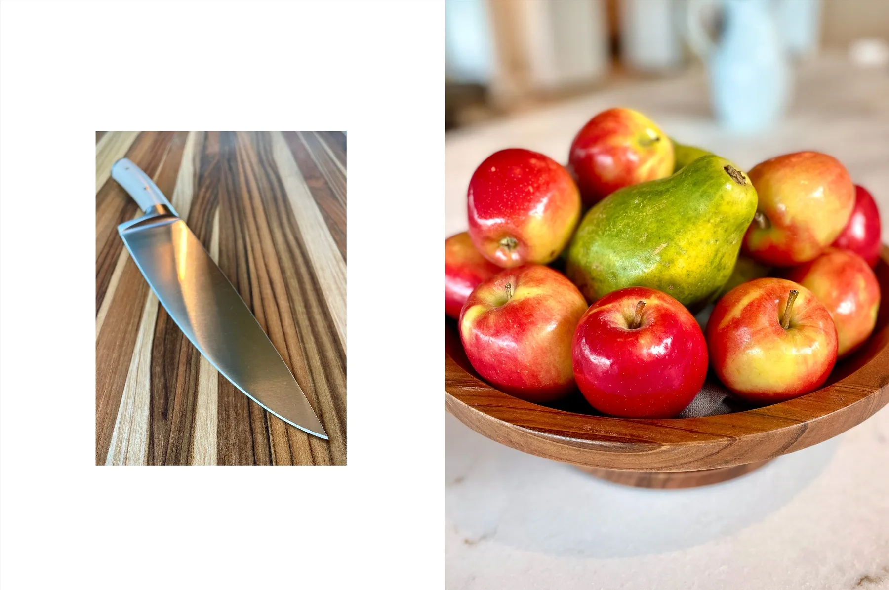 A bowl of apples and a pear sits on a kitchen counter.