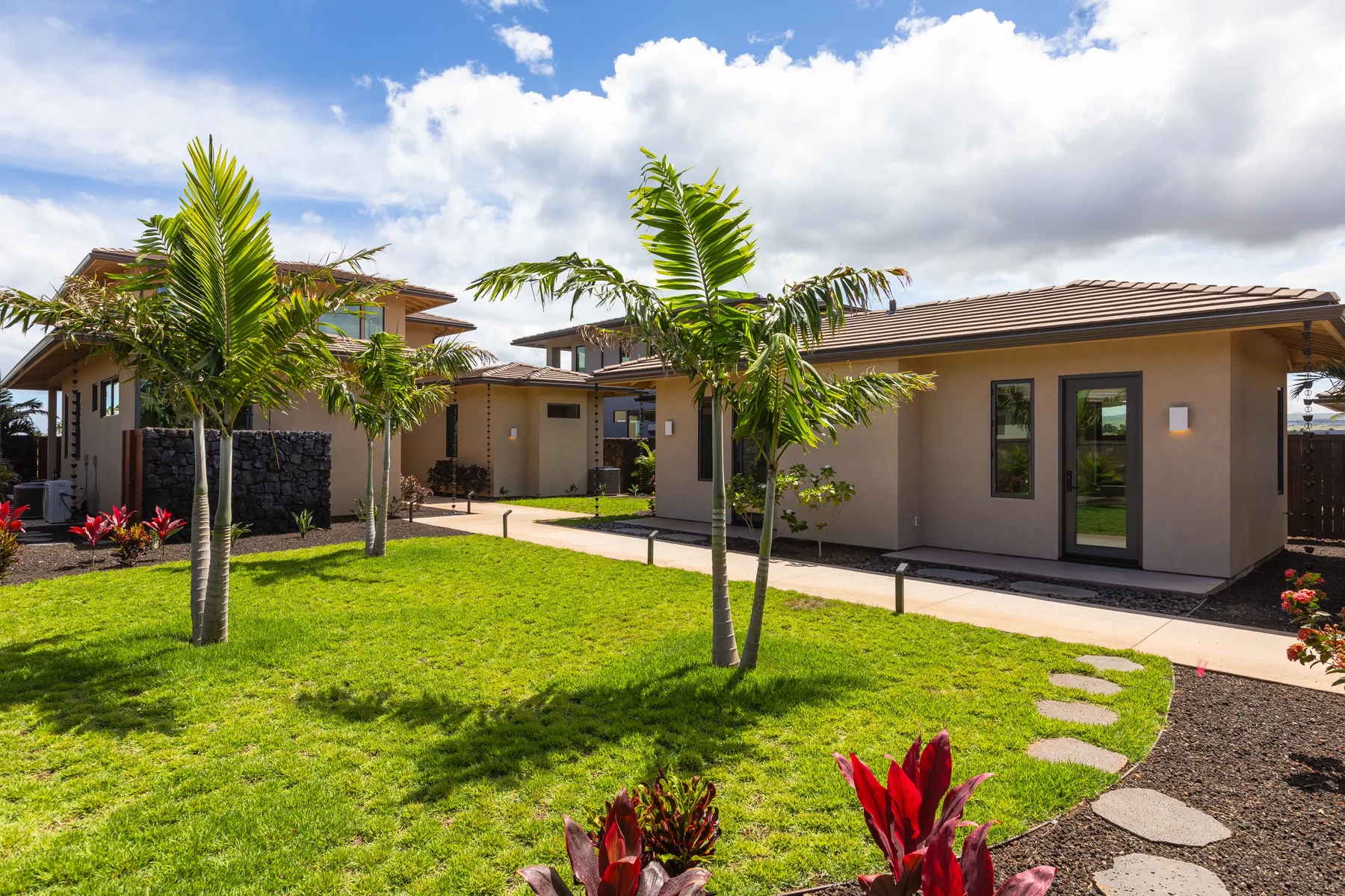 A low modern house sits beside a bright lawn with palm trees and a walkway.