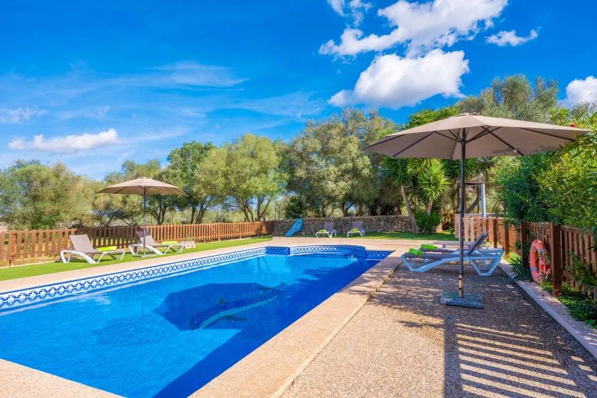 An outdoor swimming pool is bordered by lounge seating, umbrellas, and leafy trees.