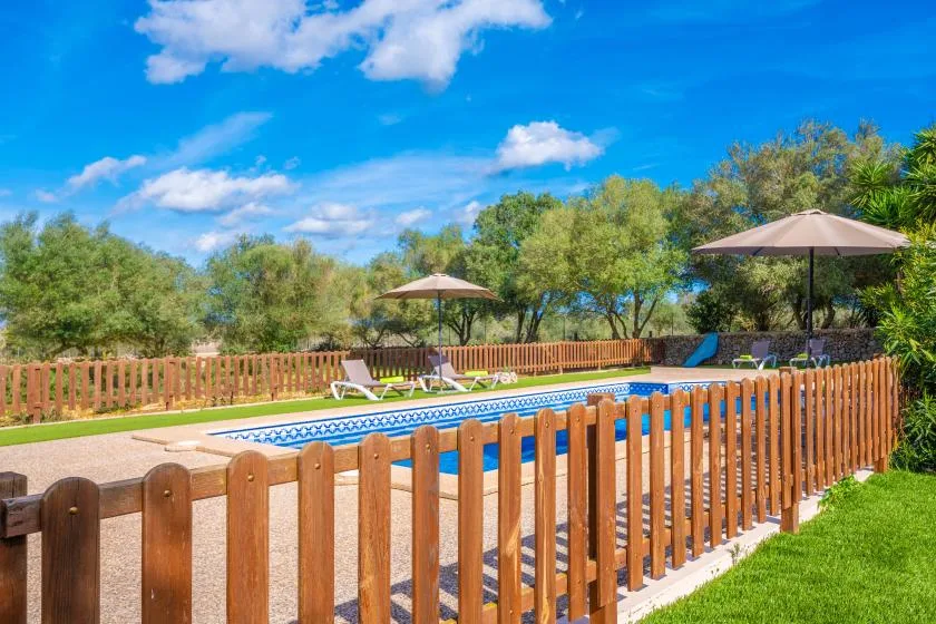 An outdoor swimming pool is surrounded by a wooden fence, loungers, and trees.