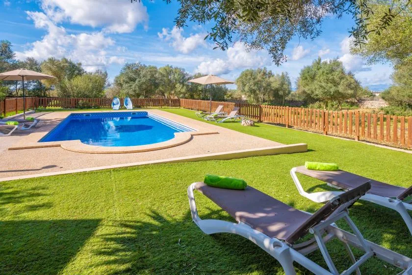 Outdoor pool area with lounge seating, lawn, and a wooden fence.