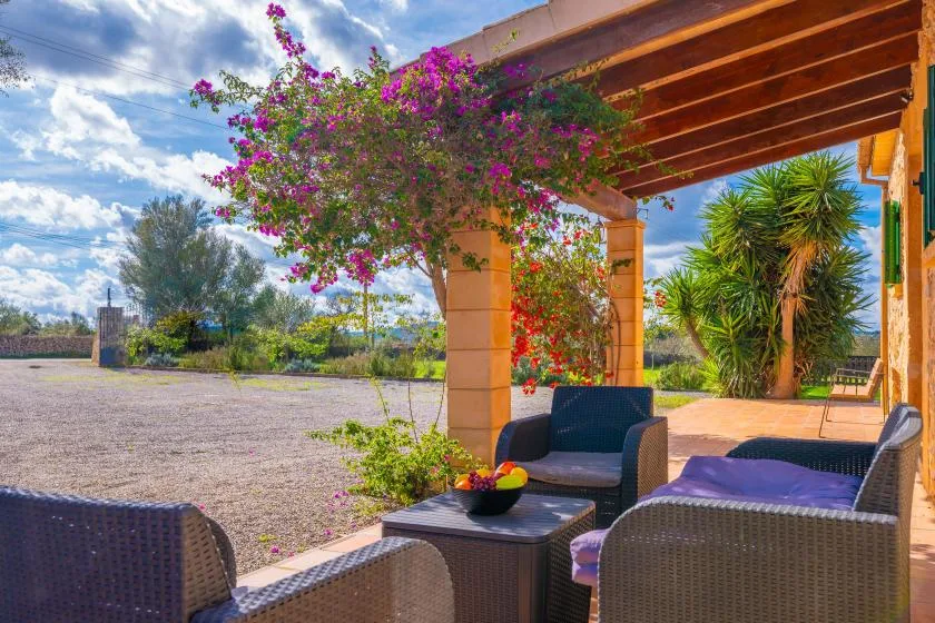A shaded outdoor seating area beneath a wooden pergola, with flowering vines nearby.