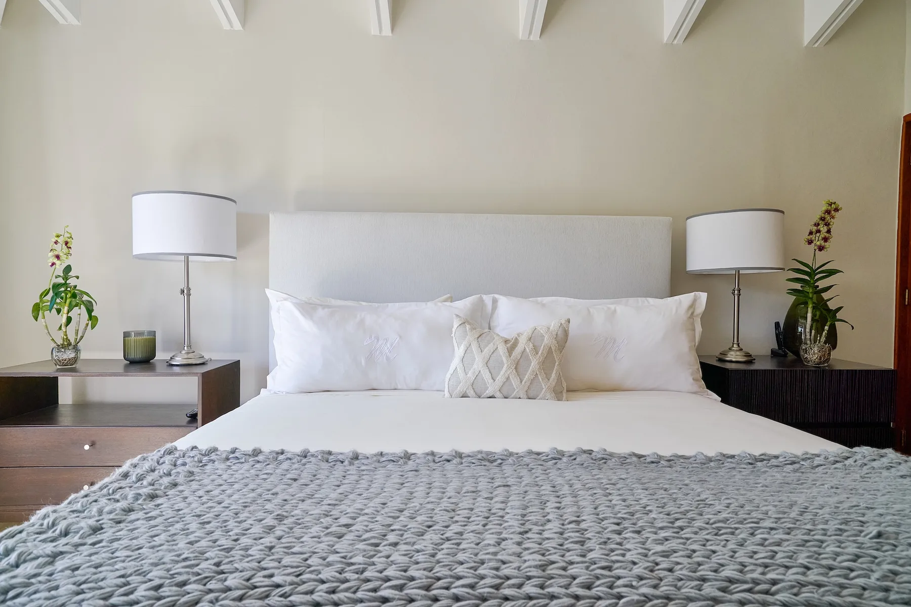 A bedroom with a neatly made bed, bedside tables, and matching lamps.