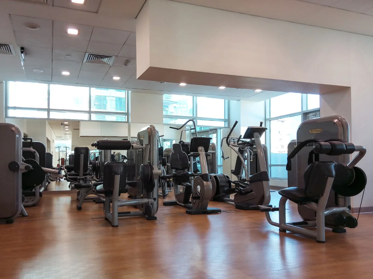 A gym filled with exercise machines, with large windows along the back wall.