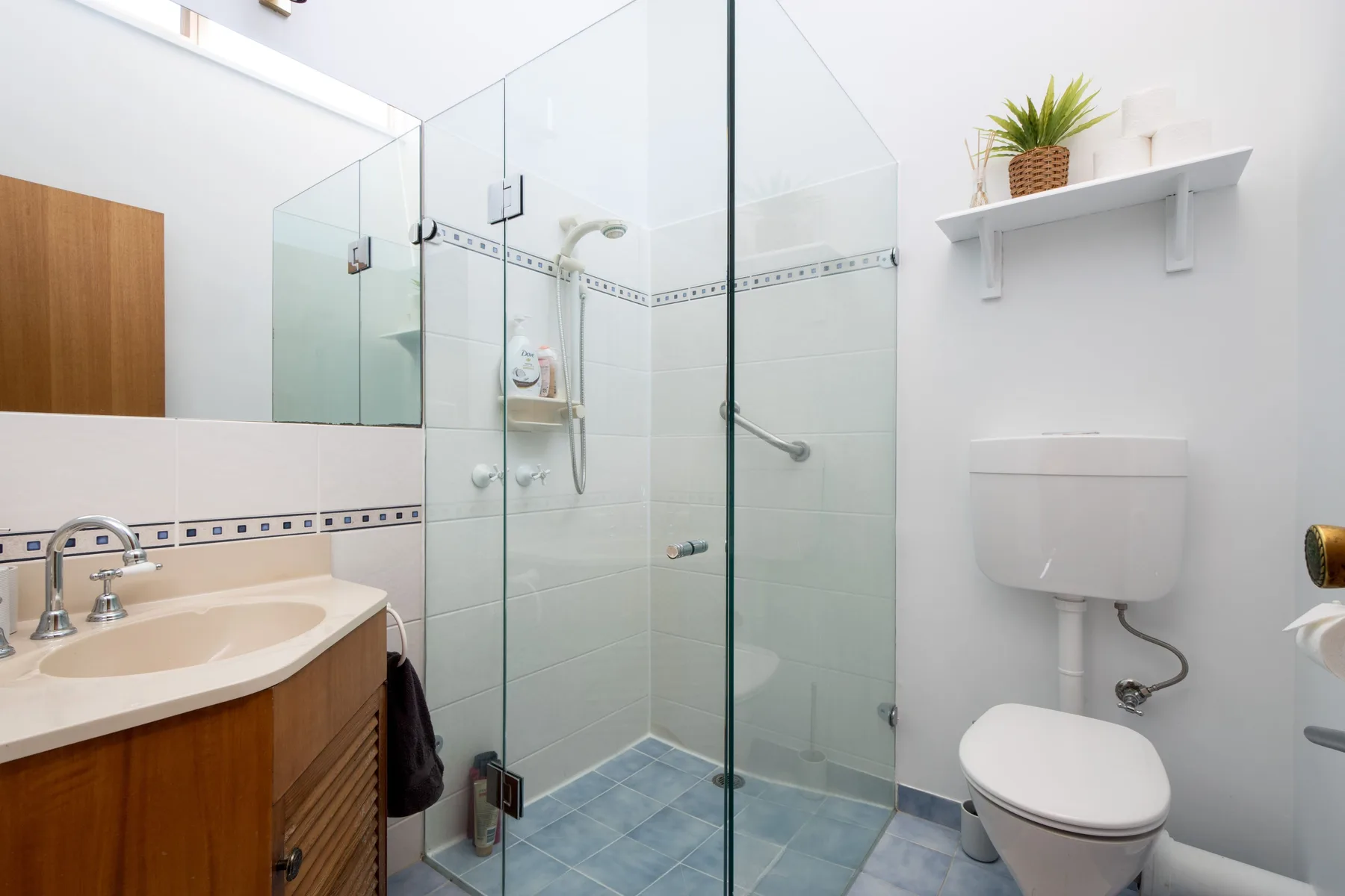 Un baño luminoso con ducha de vidrio, lavabo e inodoro.