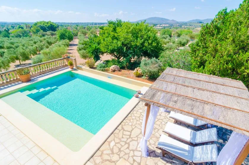 Una piscina al aire libre junto a una zona de comedor sombreada, con árboles y campo abierto al fondo.