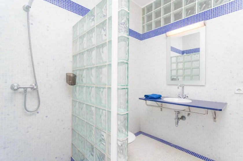 Un baño alicatado con ducha, separador de bloques de vidrio y lavabo suspendido.