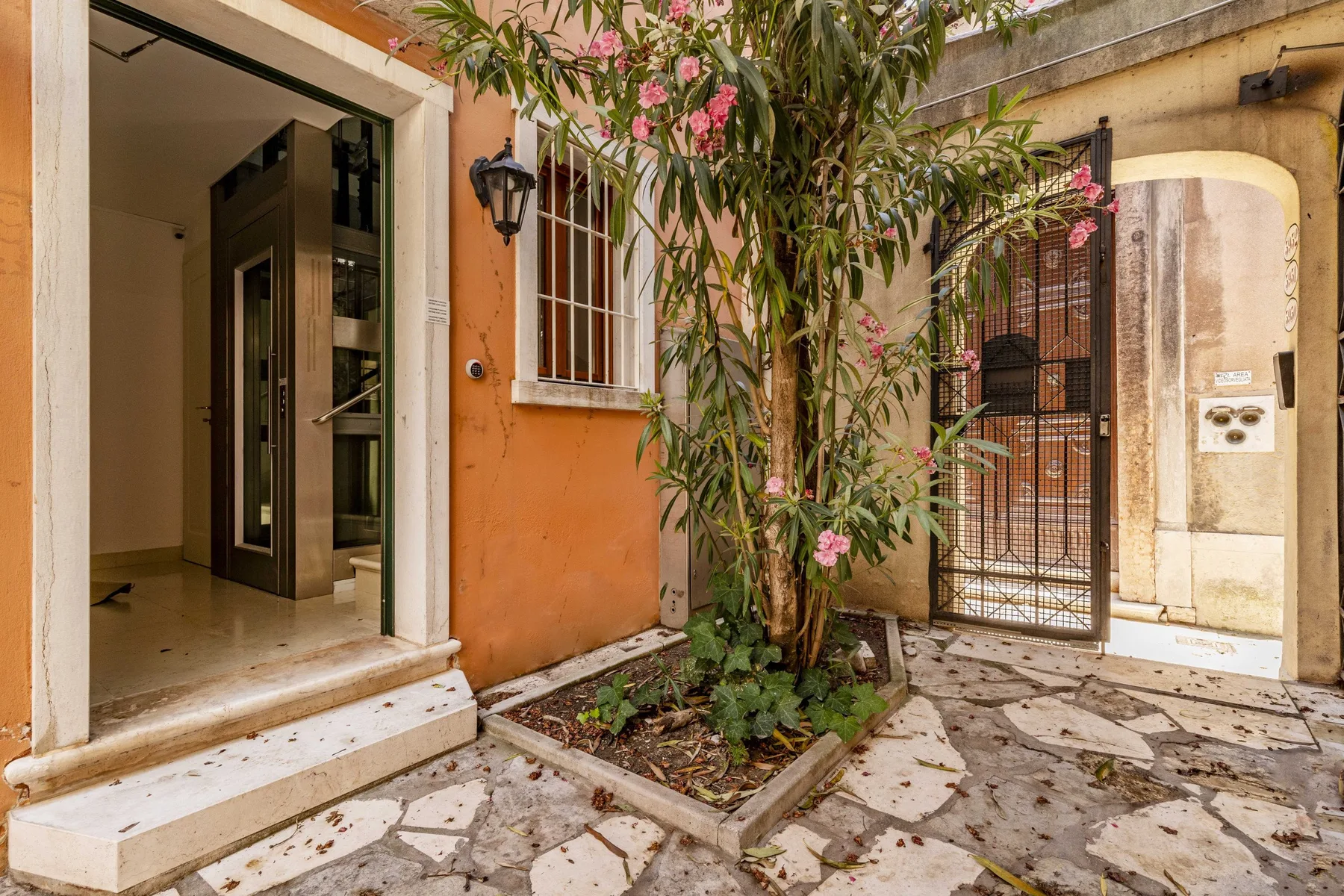 A courtyard entrance with a flowering tree beside a metal gate.