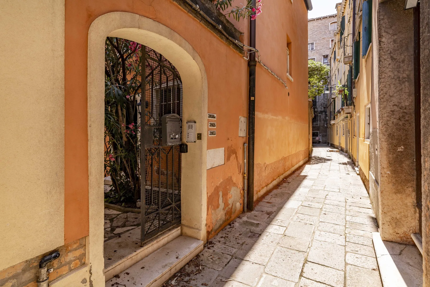 A narrow paved alley runs between warm-colored buildings in bright sunlight.