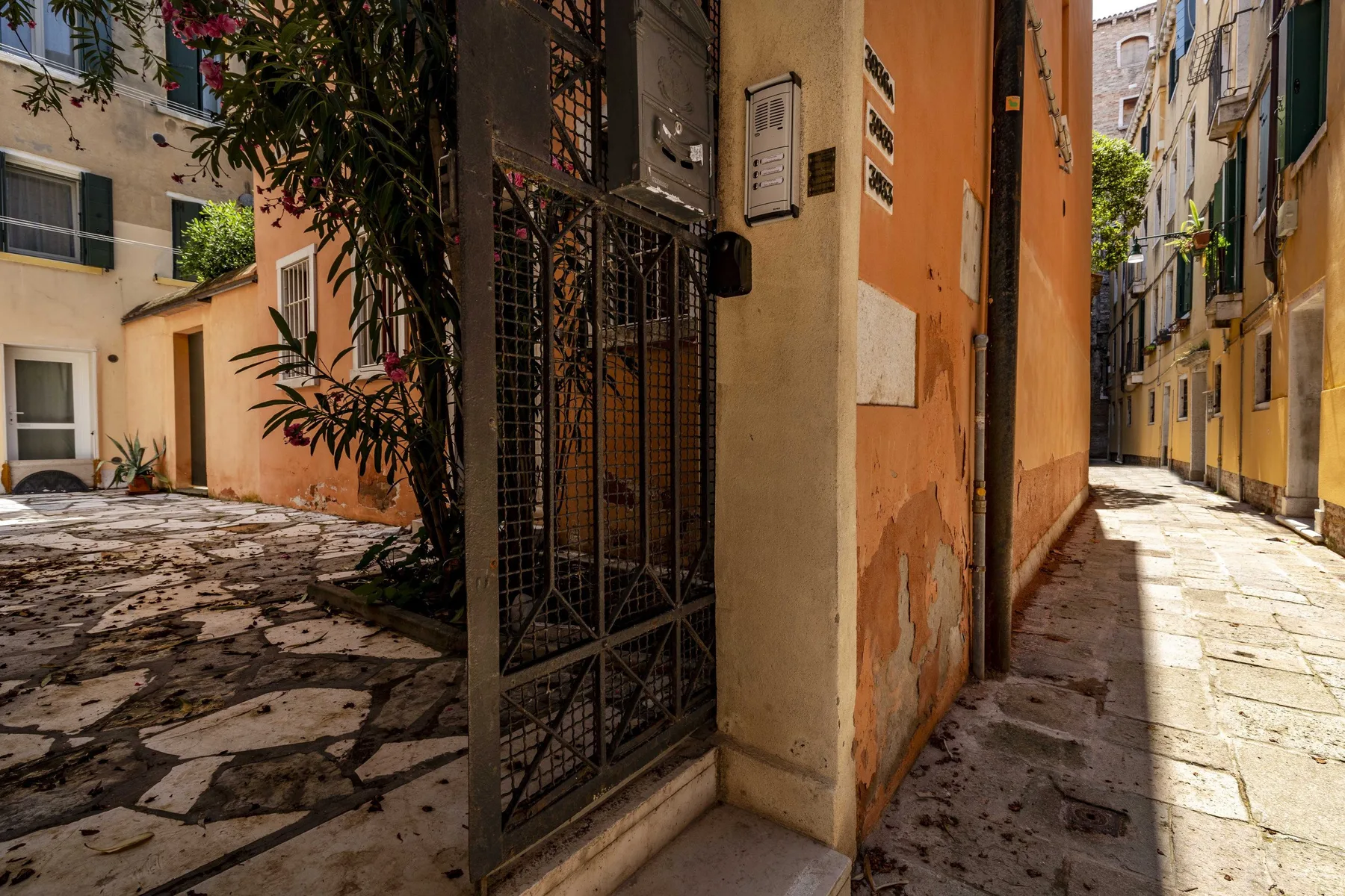 A narrow paved alley runs between closely spaced buildings, with a metal gate beside it.