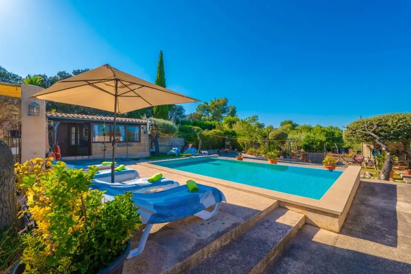 Una piscina al aire libre está junto a un patio sombreado con asientos.
