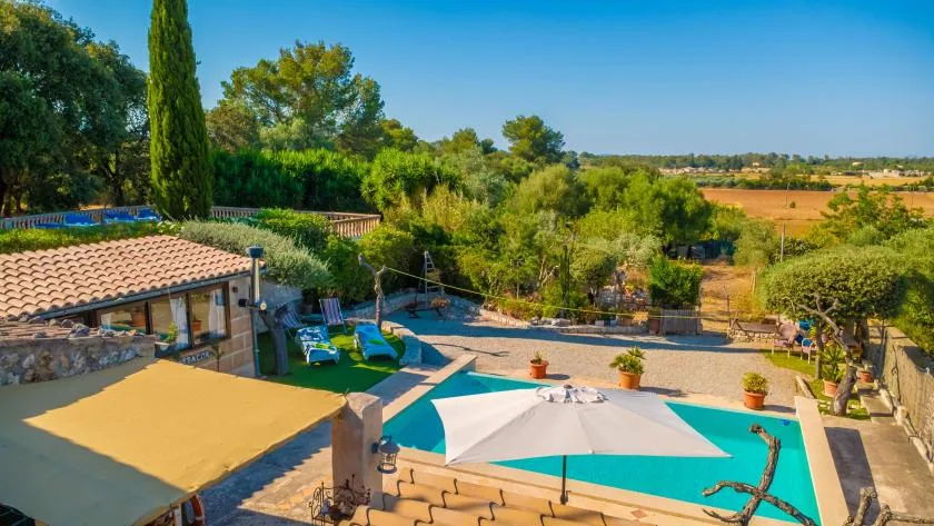 Una piscina está junto a un patio sombreado, con árboles y campos al fondo.