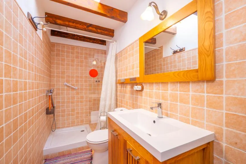 Un baño con azulejos, ducha, inodoro y lavabo bajo un espejo grande.