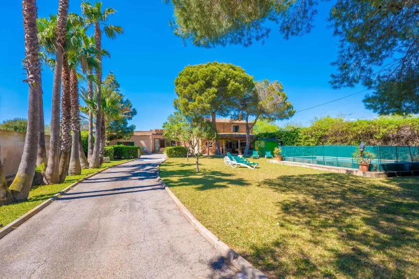 A landscaped outdoor pool area sits beside a paved driveway and low buildings.