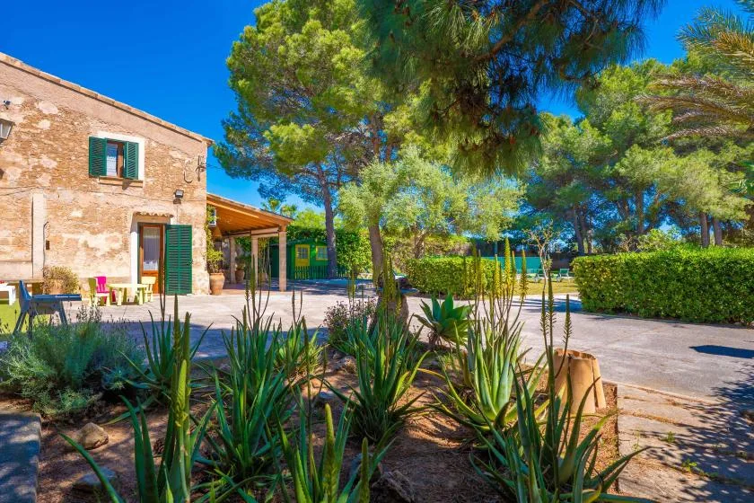 A stone building beside a paved outdoor area with trees and planted greenery.