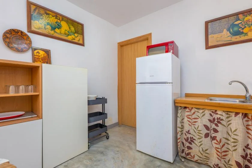 A compact kitchen with a refrigerator, sink, and wooden shelving.