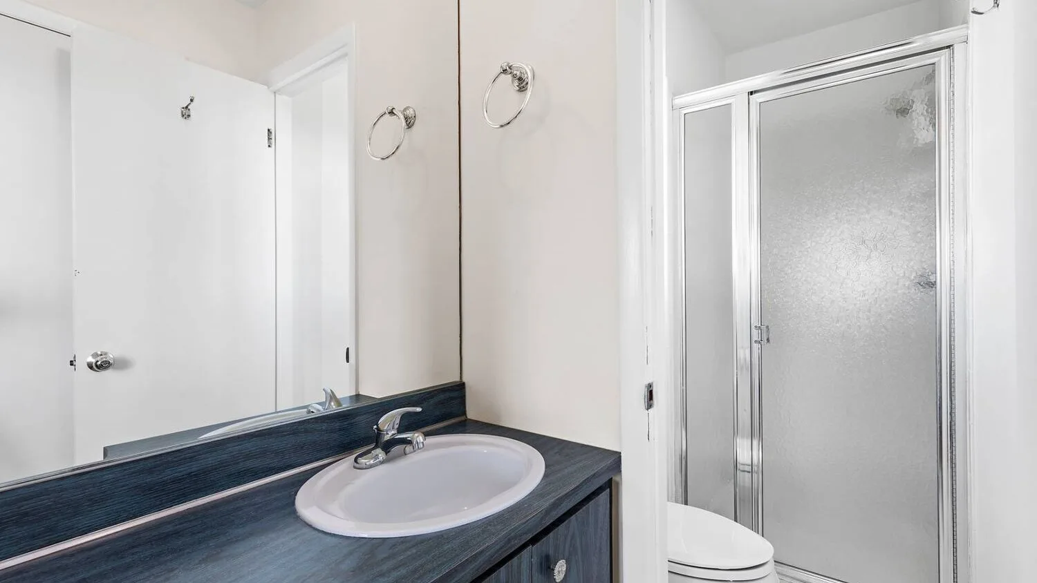 A bathroom vanity with an oval sink sits beside a shower.