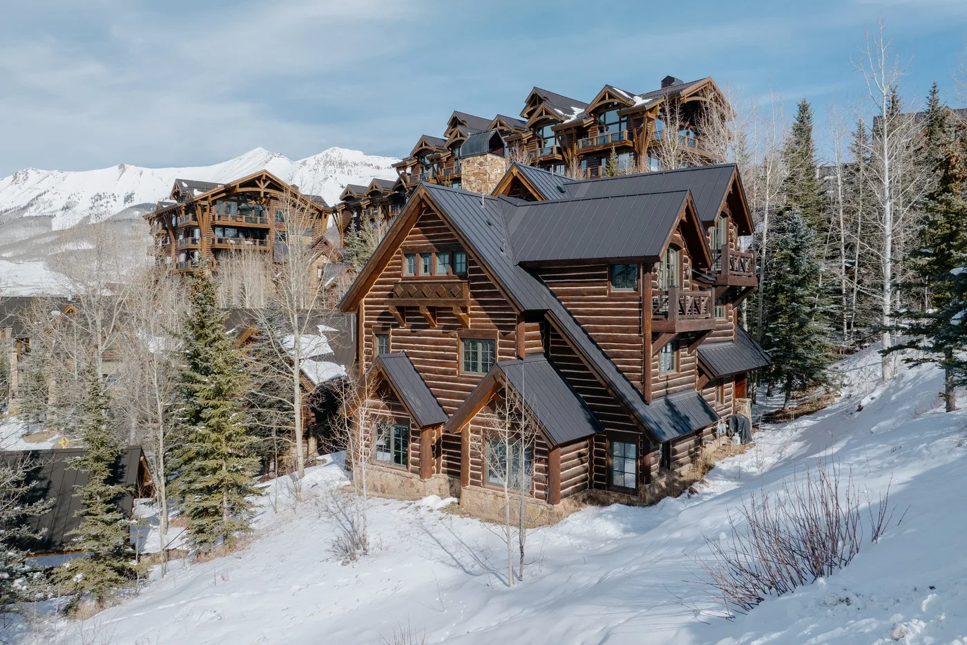 A large log cabin sits among snow-covered trees with mountain peaks in the background.