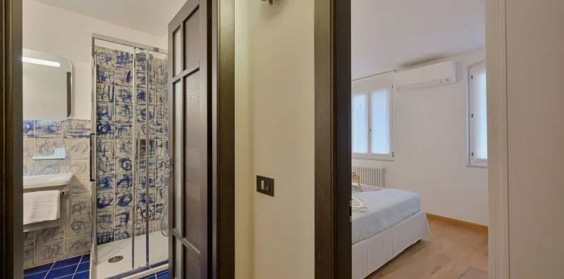 Un baño con una ducha de vidrio junto a un dormitorio.
