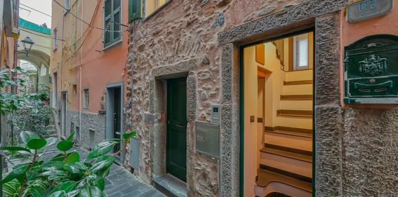 Un callejón estrecho de piedra con una puerta abierta e iluminada y plantas.