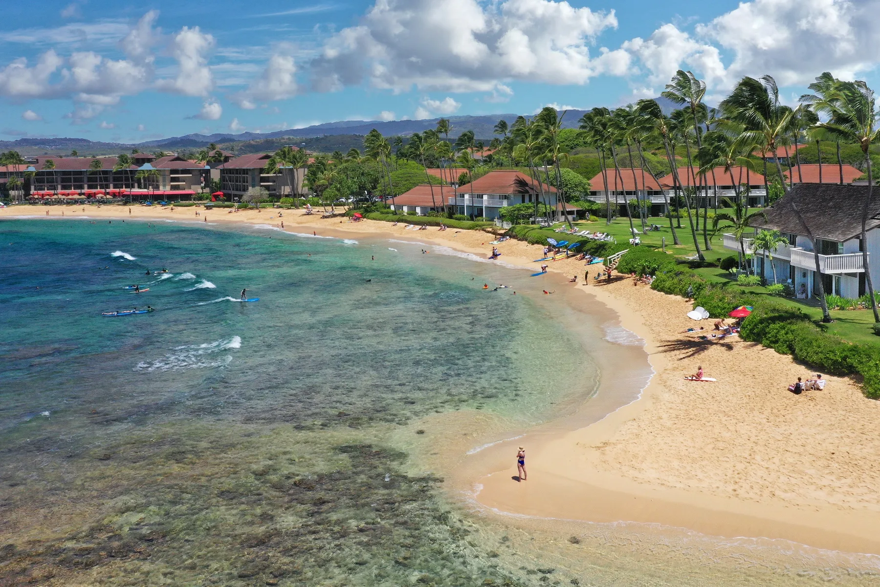Una playa de arena bordea aguas costeras claras, con palmeras y edificios cerca.