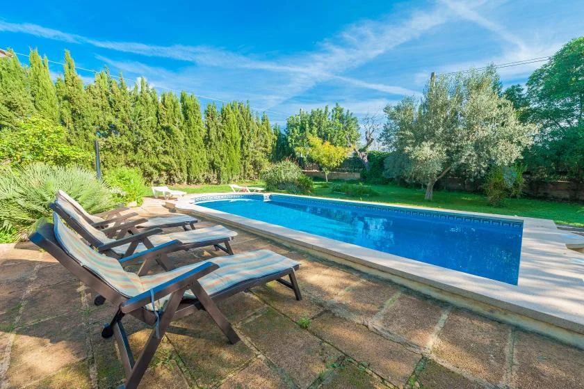 Piscina al aire libre junto a un patio pavimentado con tumbonas y vegetación.