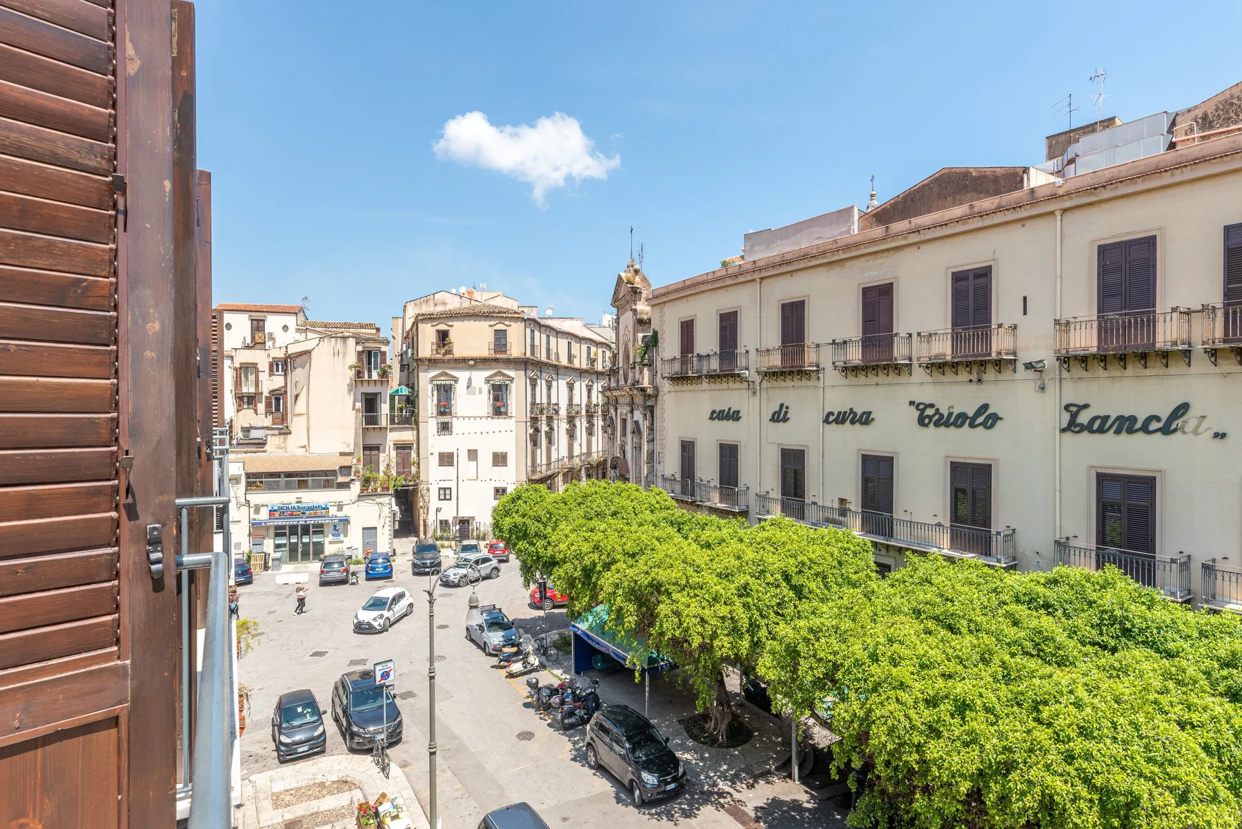 A sunny city street viewed from above, with buildings and leafy trees.