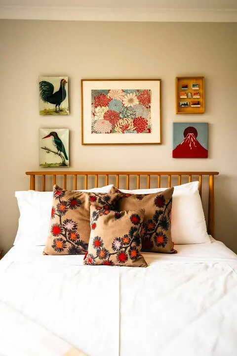 Bedroom with a wooden headboard, white bedding, and colorful framed artwork above the bed.