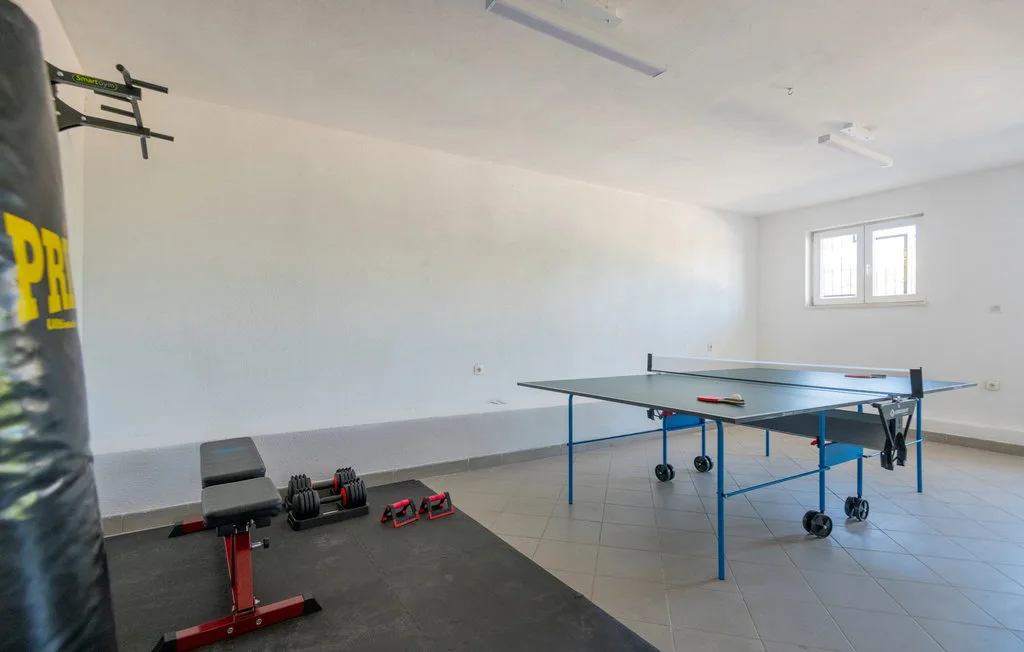 Una sala recreativa interior con una mesa de ping-pong y equipo de ejercicio.