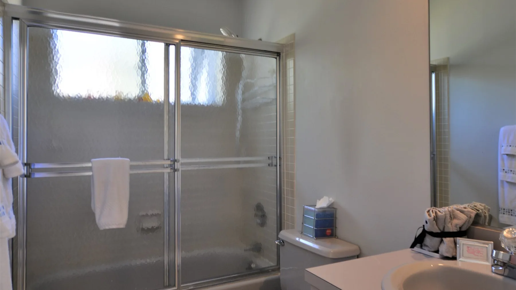 A bathroom with a glass-enclosed shower and a sink.