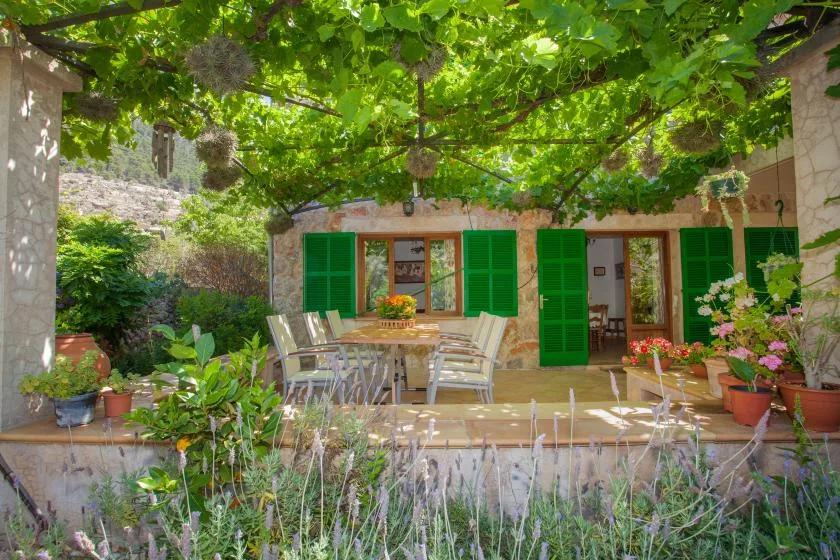 A stone patio dining area sits beneath leafy vines beside a building with green shutters.