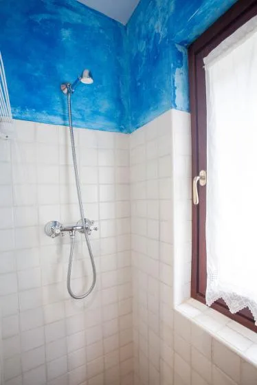 A tiled shower area with a wall-mounted showerhead beside a window.