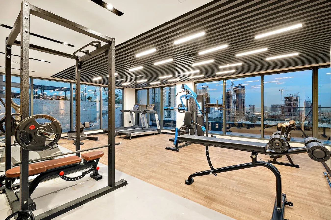 A gym with weight-training equipment and large windows overlooking the city.