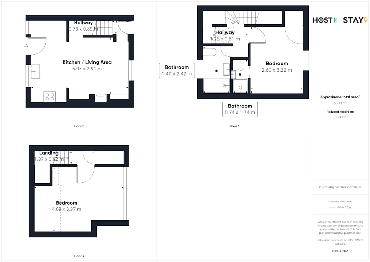 A floor plan shows a kitchen and living area, bathrooms, bedrooms, and a landing.