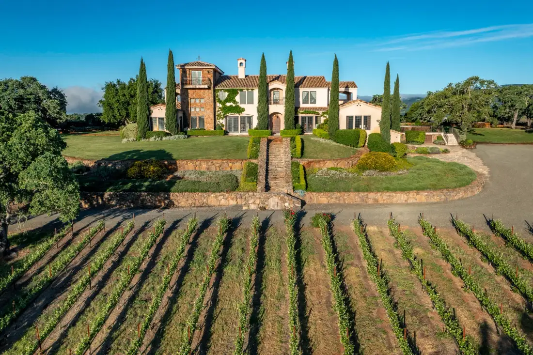 A large country house stands above landscaped gardens and rows of vineyard plants.