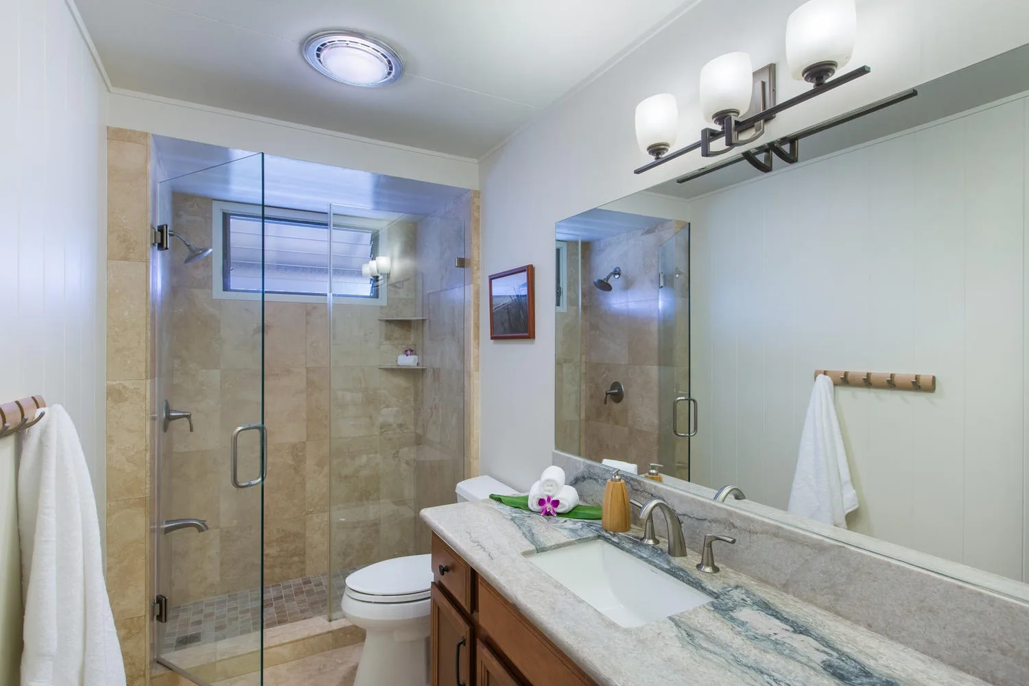 Un baño con ducha de vidrio y un tocador con lavabo.