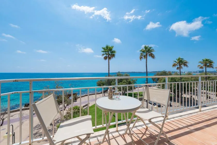 A seaside terrace with outdoor seating overlooks the ocean and palm trees.