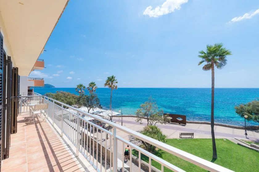 A seaside balcony overlooks a turquoise ocean and palm trees.