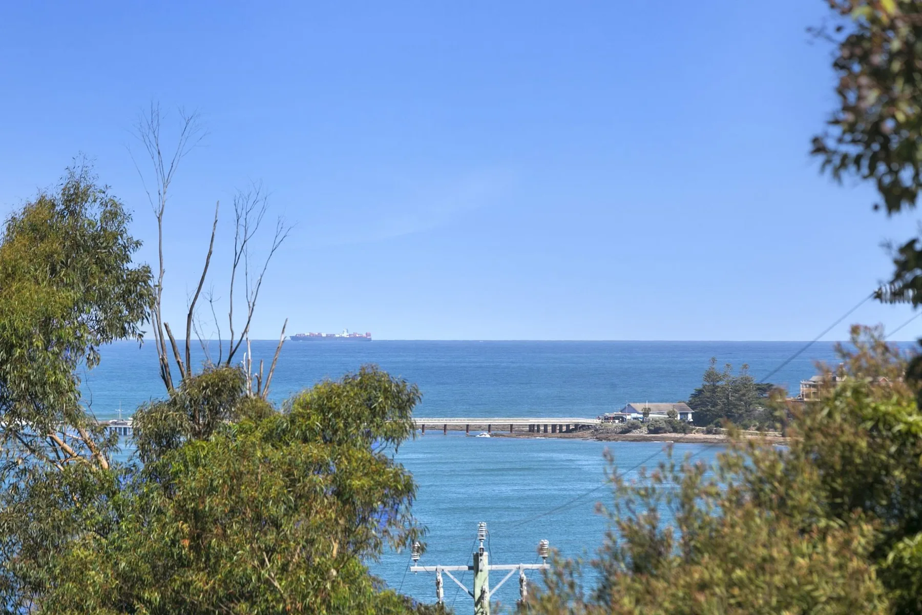 A coastal view shows blue water and the ocean horizon beyond leafy trees.
