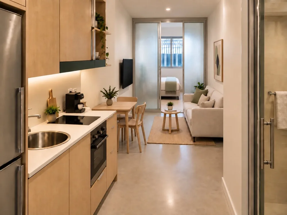 Un espacio diáfano combina una pequeña cocina y un comedor con una zona de estar.