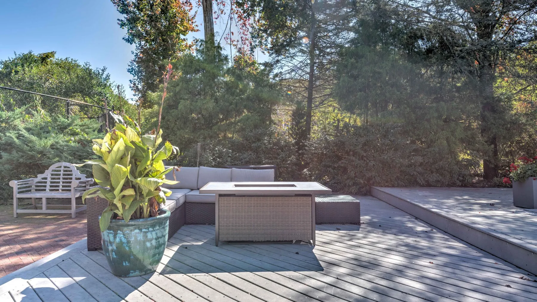 An outdoor patio with a low seating area and a large potted plant.