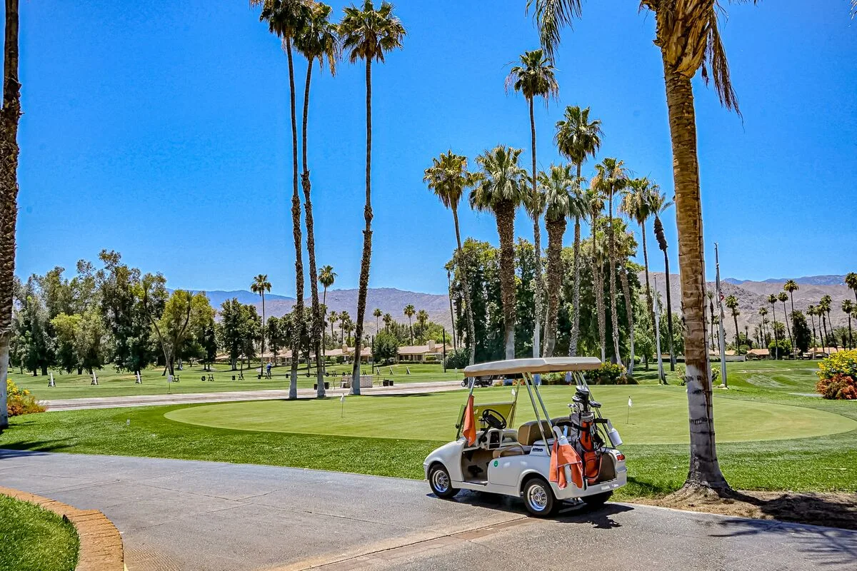 A golf cart sits beside a green lawn lined with palm trees.