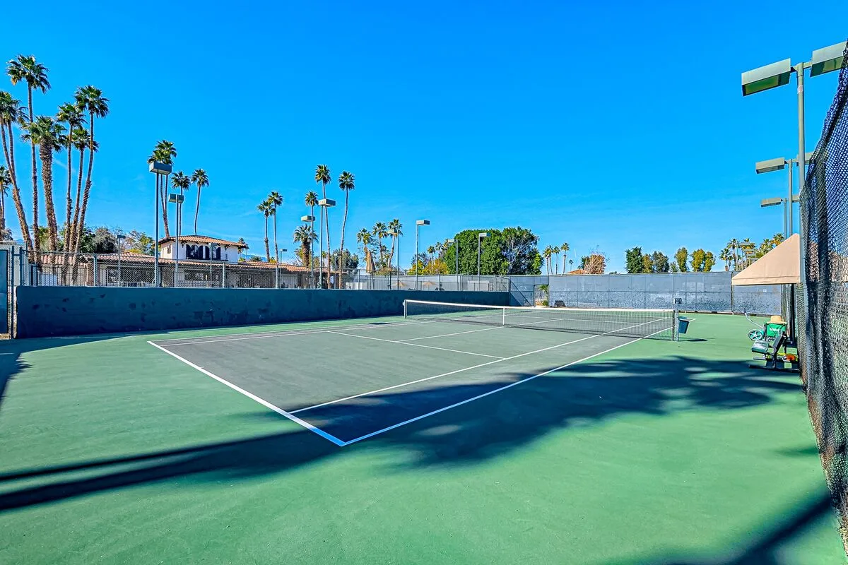 An outdoor tennis court with palm trees and a clear blue sky.
