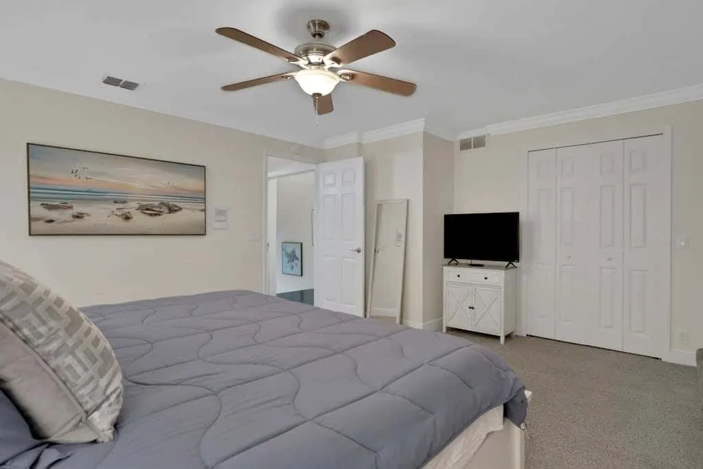 A bedroom with a bed, ceiling fan, television, and closet.